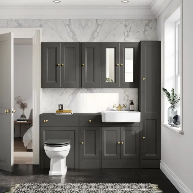 Monaco Graphite Grey Combination Vanity Basin and Hudson Toilet with Wooden Seat 1500mm - Brushed Brass Accents