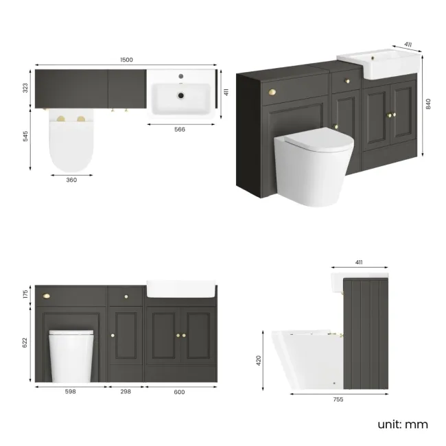Monaco Graphite Grey Combination Vanity Basin and Boston Toilet 1500mm - Brushed Brass Accents