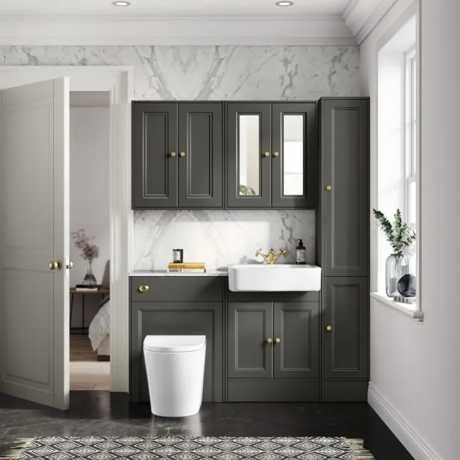 Monaco Graphite Grey Combination Vanity Basin with Marble Top & Boston Toilet 1200mm - Brushed Brass Accents