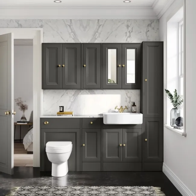 Monaco Graphite Grey Combination Vanity Basin with Marble Top and Seattle Toilet 1500mm - Brushed Brass Accents