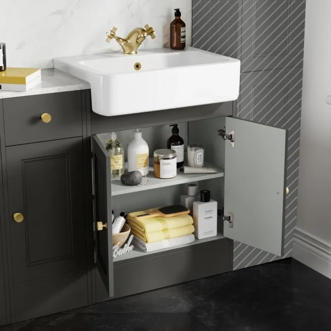 Monaco Graphite Grey Combination Vanity Basin with Marble Top and Seattle Toilet 1500mm - Brushed Brass Accents