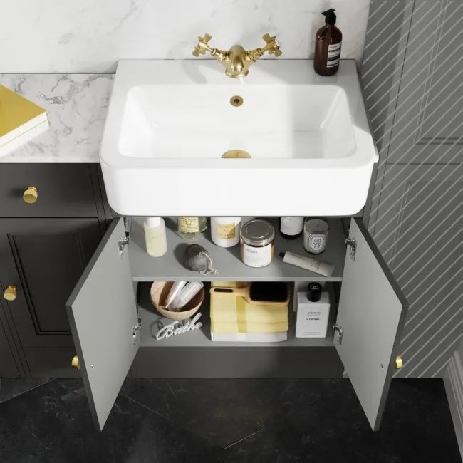 Monaco Graphite Grey Combination Vanity Basin with Marble Top and Seattle Toilet 1500mm - Brushed Brass Accents