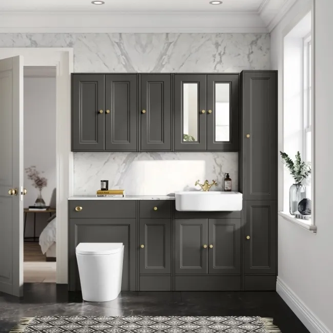 Monaco Graphite Grey Combination Vanity Basin with Marble Top and Boston Toilet 1500mm - Brushed Brass Accents