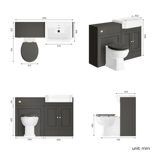 Monaco Graphite Grey Combination Vanity Traditional Basin and Hudson Toilet with Wooden Seat 1200mm - Brushed Brass Accents