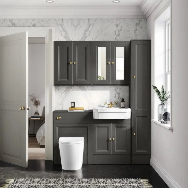 Monaco Graphite Grey Combination Vanity Traditional Basin and Boston Toilet 1200mm - Brushed Brass Accents