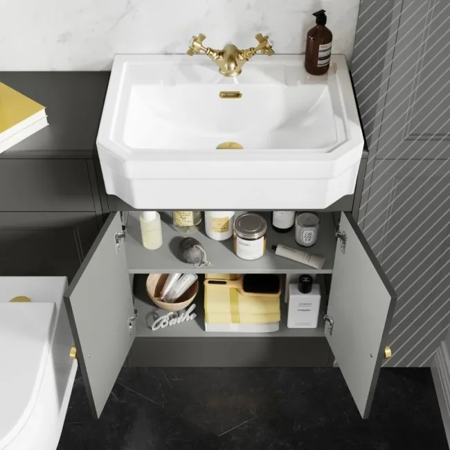 Monaco Graphite Grey Combination Vanity Traditional Basin and Boston Toilet 1200mm - Brushed Brass Accents