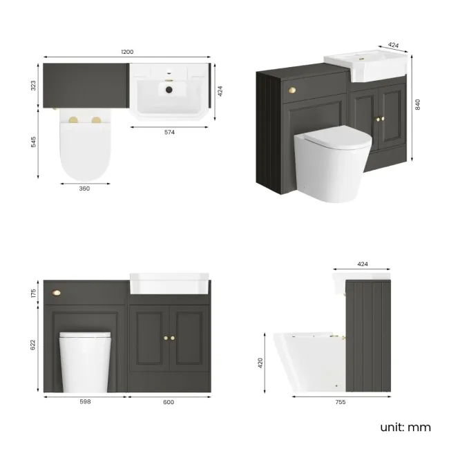Monaco Graphite Grey Combination Vanity Traditional Basin and Boston Toilet 1200mm - Brushed Brass Accents