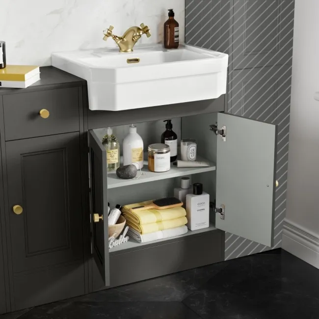 Monaco Graphite Grey Combination Vanity Traditional Basin and Boston Toilet 1500mm - Brushed Brass Accents