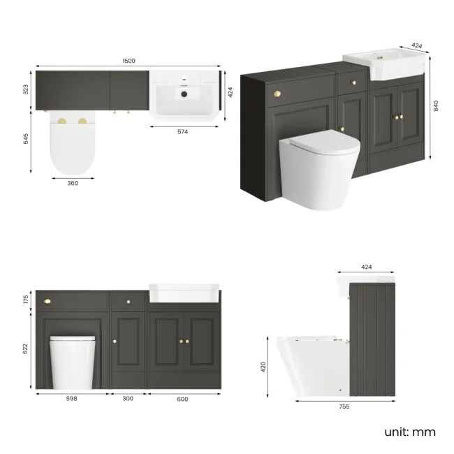 Monaco Graphite Grey Combination Vanity Traditional Basin and Boston Toilet 1500mm - Brushed Brass Accents