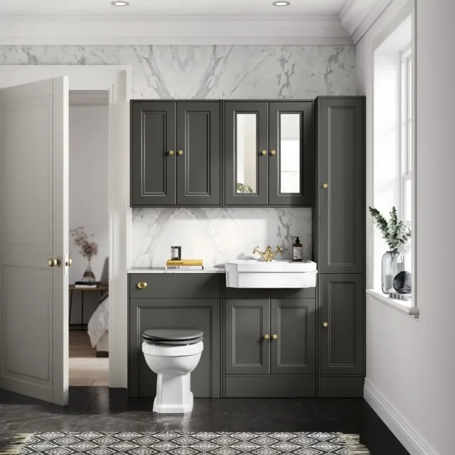 Monaco Graphite Grey Combination Vanity Traditional Basin with Marble Top & Hudson Toilet with Wooden Seat 1200mm - Brushed Brass Accents