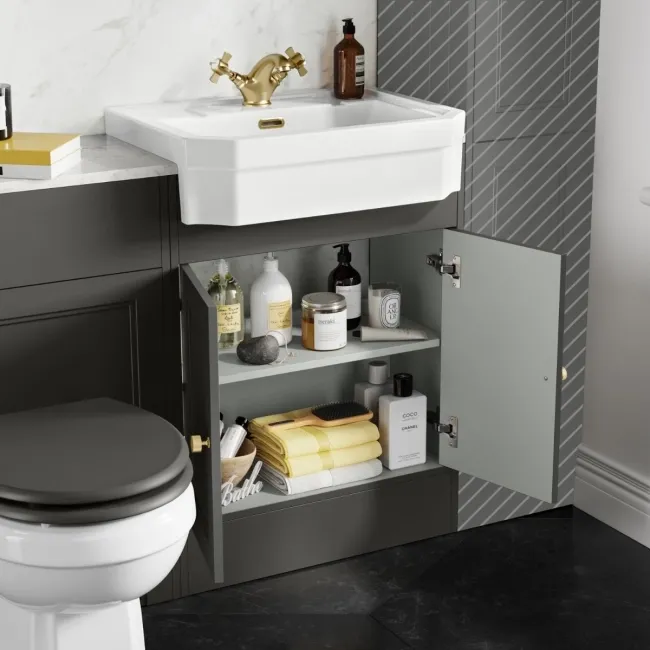 Monaco Graphite Grey Combination Vanity Traditional Basin with Marble Top & Hudson Toilet with Wooden Seat 1200mm - Brushed Brass Accents