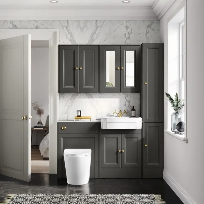 Monaco Graphite Grey Combination Vanity Traditional Basin with Marble Top & Boston Toilet 1200mm - Brushed Brass Accents