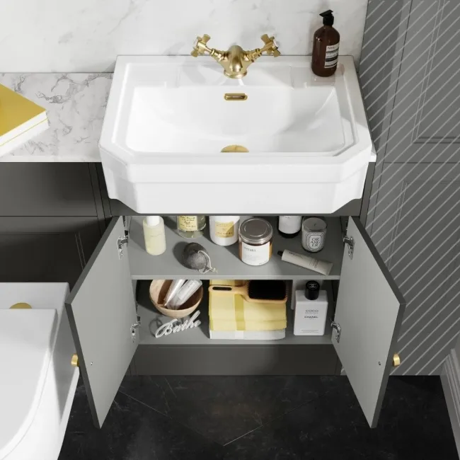 Monaco Graphite Grey Combination Vanity Traditional Basin with Marble Top & Boston Toilet 1200mm - Brushed Brass Accents