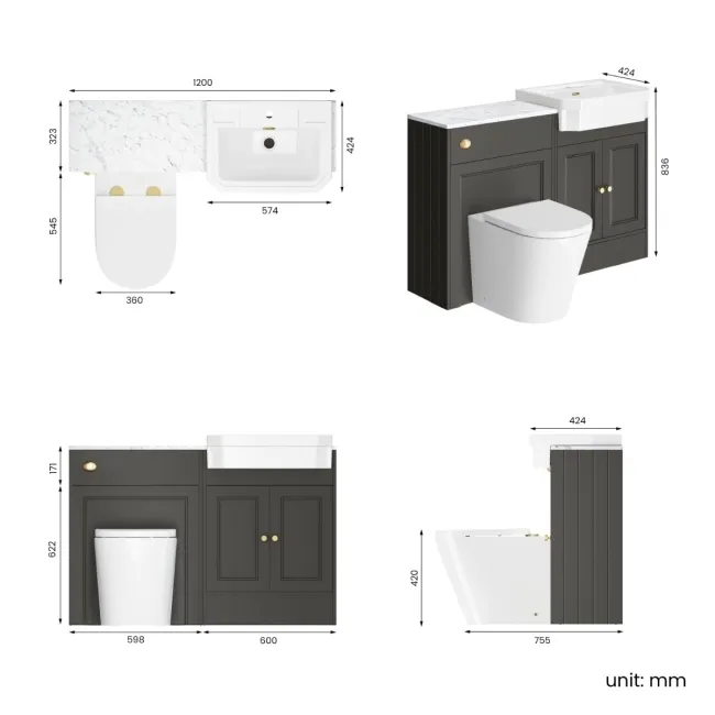 Monaco Graphite Grey Combination Vanity Traditional Basin with Marble Top & Boston Toilet 1200mm - Brushed Brass Accents