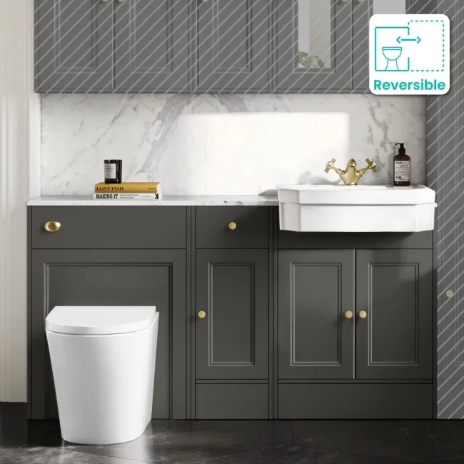 Monaco Graphite Grey Combination Vanity Traditional Basin with Marble Top and Boston Toilet 1500mm - Brushed Brass Accents