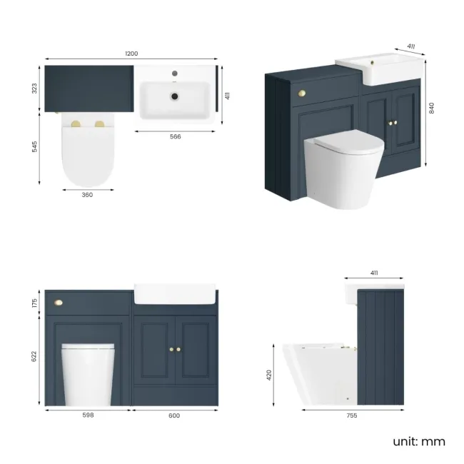 Monaco Inky Blue Combination Vanity Basin and Boston Toilet 1200mm - Brushed Brass Accents