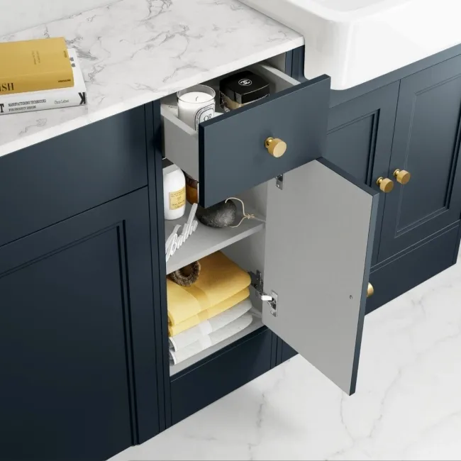 Monaco Inky Blue Combination Vanity Basin with Marble Top and Hudson Toilet with Wooden Seat 1500mm - Brushed Brass Accents