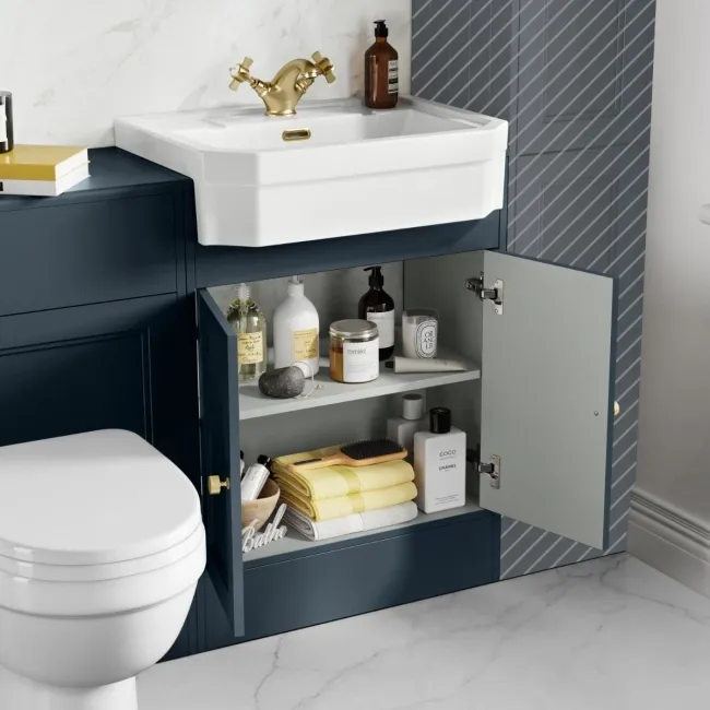 Monaco Inky Blue Combination Vanity Traditional Basin and Seattle Toilet 1200mm - Brushed Brass Accents
