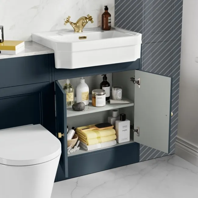 Monaco Inky Blue Combination Vanity Traditional Basin with Marble Top & Boston Toilet 1200mm - Brushed Brass Accents
