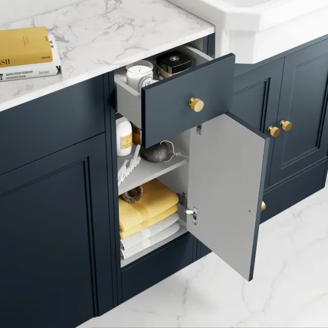 Monaco Inky Blue Combination Vanity Traditional Basin with Marble Top and Boston Toilet 1500mm - Brushed Brass Accents