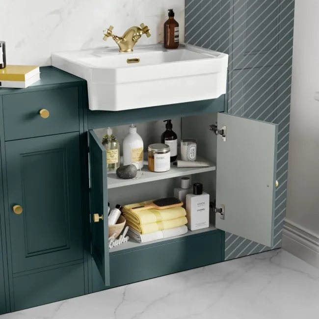 Monaco Midnight Green Combination Vanity Traditional Basin and Seattle Toilet 1500mm - Brushed Brass Accents