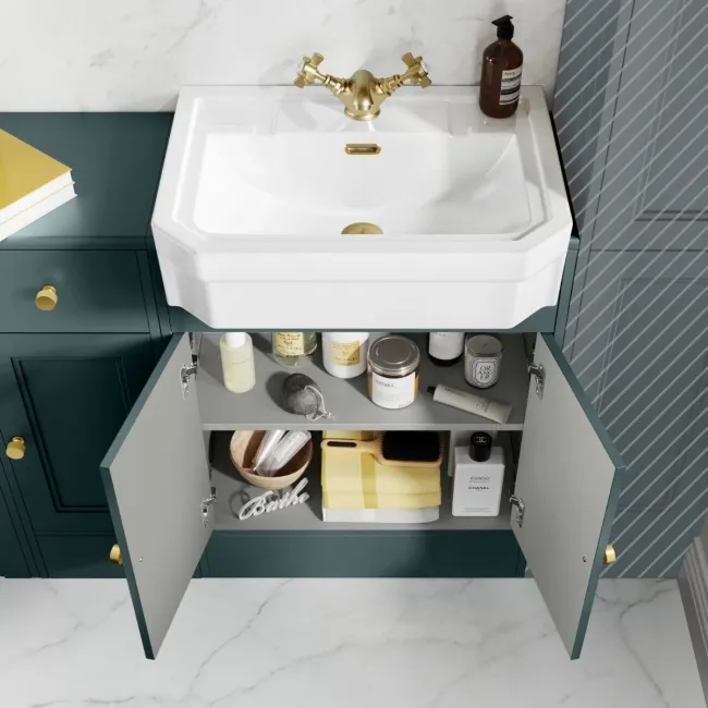 Monaco Midnight Green Combination Vanity Traditional Basin and Seattle Toilet 1500mm - Brushed Brass Accents