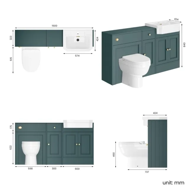 Monaco Midnight Green Combination Vanity Traditional Basin and Seattle Toilet 1500mm - Brushed Brass Accents