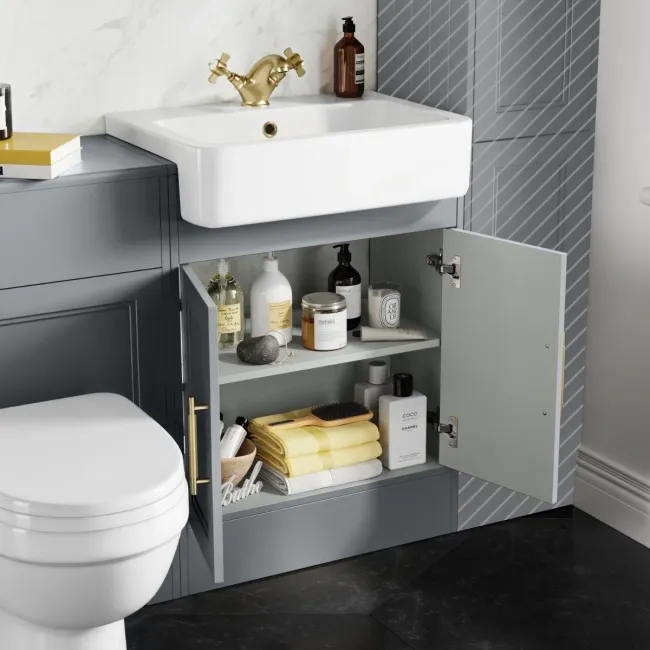 Monaco Dove Grey Combination Vanity Basin and Seattle Toilet 1200mm - Brass Knurled Handles