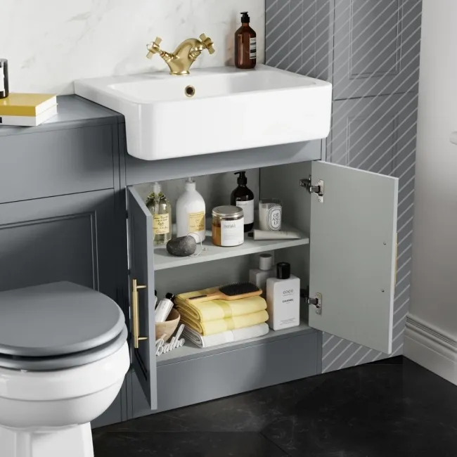 Monaco Dove Grey Combination Vanity Basin and Hudson Toilet with Wooden Seat 1200mm - Brass Knurled Handles