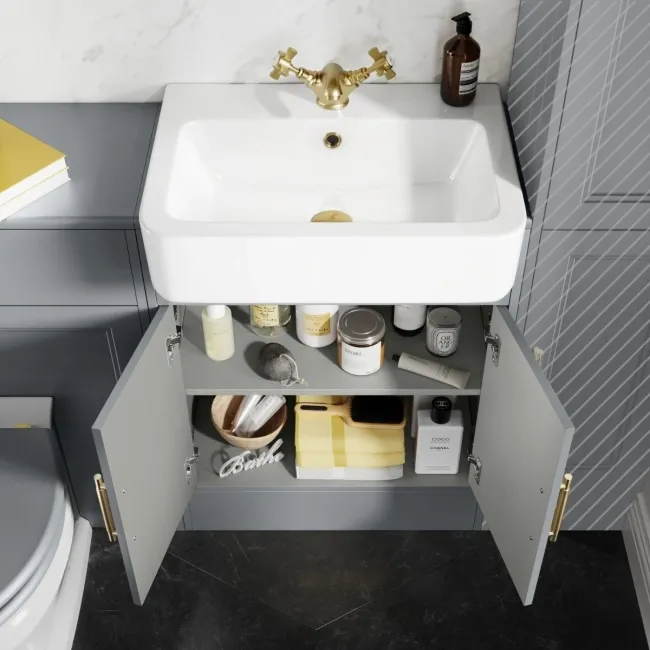 Monaco Dove Grey Combination Vanity Basin and Hudson Toilet with Wooden Seat 1200mm - Brass Knurled Handles