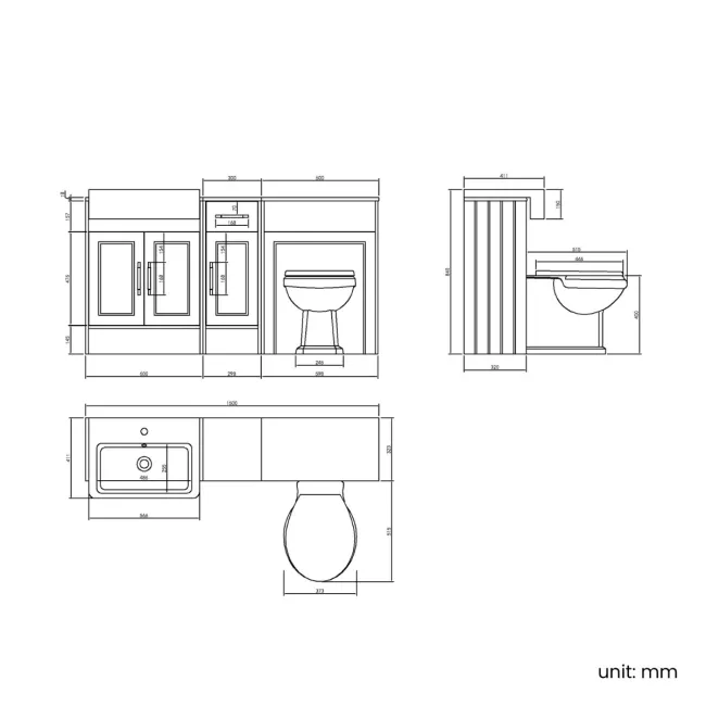 Monaco Dove Grey Combination Vanity Basin and Hudson Toilet with Wooden Seat 1500mm - Brass Knurled Handles