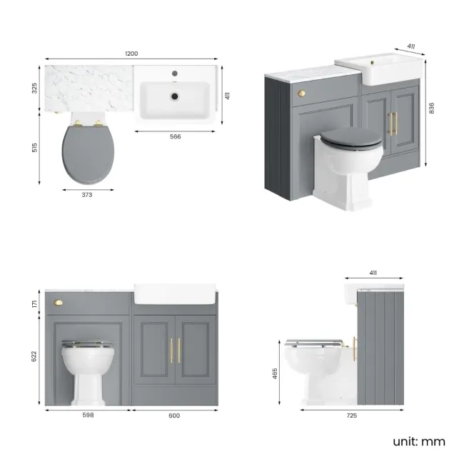 Monaco Dove Grey Combination Vanity Basin with Marble Top & Hudson Toilet with Wooden Seat 1200mm - Brass Knurled Handles