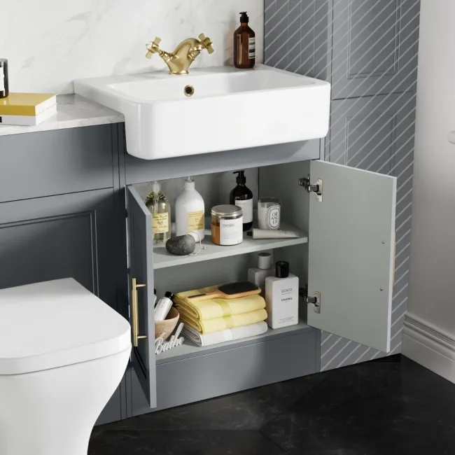 Monaco Dove Grey Combination Vanity Basin with Marble Top & Atlanta Toilet 1200mm - Brass Knurled Handles