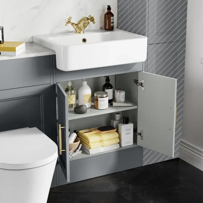 Monaco Dove Grey Combination Vanity Basin with Marble Top & Boston Toilet 1200mm - Brass Knurled Handles