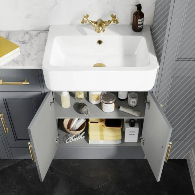 Monaco Dove Grey Combination Vanity Basin with Marble Top and Seattle Toilet 1500mm - Brass Knurled Handles