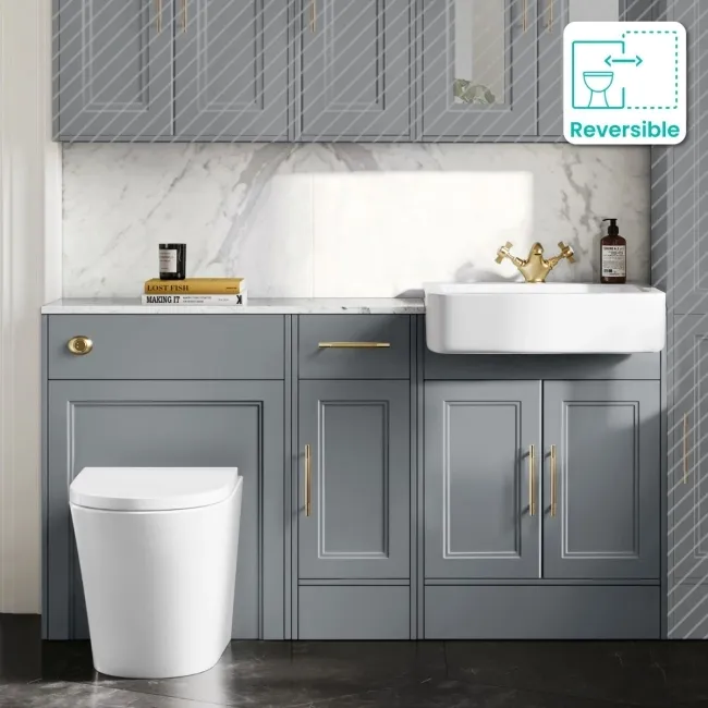 Monaco Dove Grey Combination Vanity Basin with Marble Top and Boston Toilet 1500mm - Brass Knurled Handles