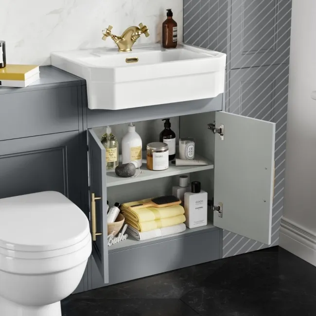 Monaco Dove Grey Combination Vanity Traditional Basin and Seattle Toilet 1200mm - Brass Knurled Handles