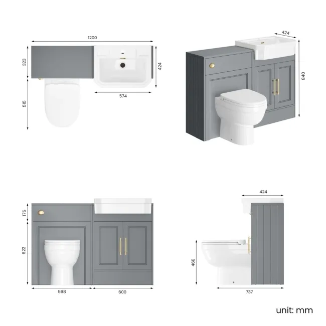 Monaco Dove Grey Combination Vanity Traditional Basin and Seattle Toilet 1200mm - Brass Knurled Handles