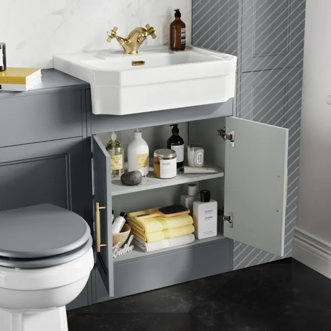 Monaco Dove Grey Combination Vanity Traditional Basin and Hudson Toilet with Wooden Seat 1200mm - Brass Knurled Handles