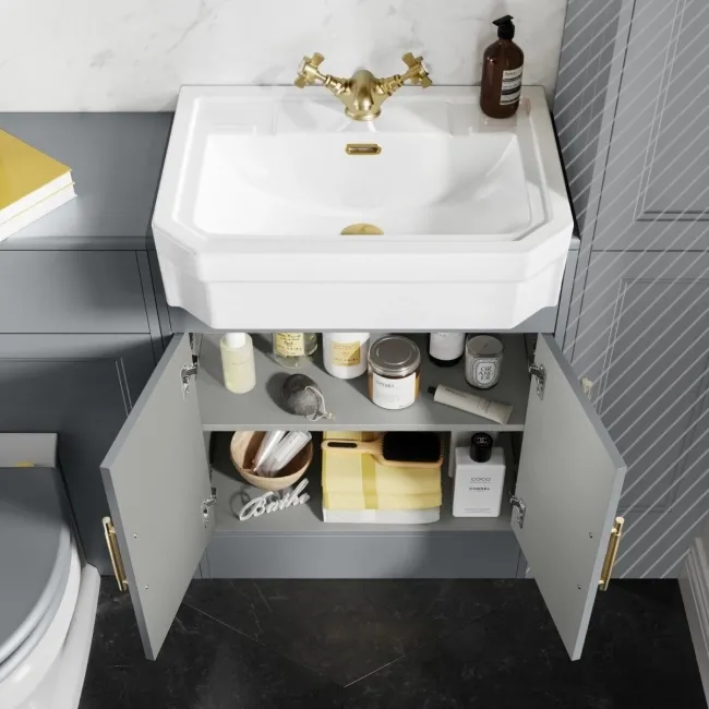 Monaco Dove Grey Combination Vanity Traditional Basin and Hudson Toilet with Wooden Seat 1200mm - Brass Knurled Handles