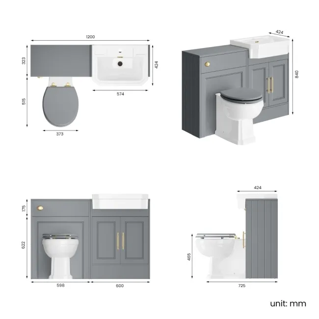 Monaco Dove Grey Combination Vanity Traditional Basin and Hudson Toilet with Wooden Seat 1200mm - Brass Knurled Handles