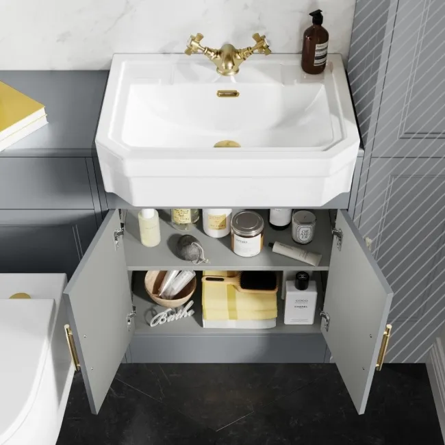 Monaco Dove Grey Combination Vanity Traditional Basin and Boston Toilet 1200mm - Brass Knurled Handles