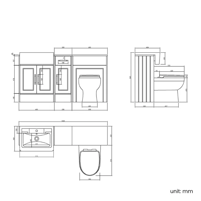 Monaco Dove Grey Combination Vanity Traditional Basin and Seattle Toilet 1500mm - Brass Knurled Handles