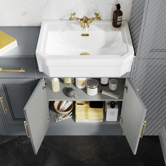 Monaco Dove Grey Combination Vanity Traditional Basin and Hudson Toilet with Wooden Seat 1500mm - Brass Knurled Handles