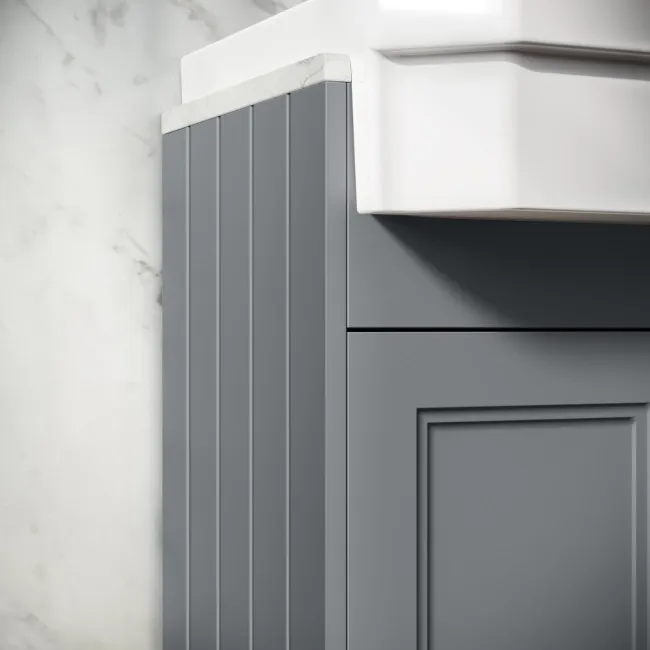 Monaco Dove Grey Combination Vanity Traditional Basin with Marble Top and Seattle Toilet 1500mm - Brass Knurled Handles