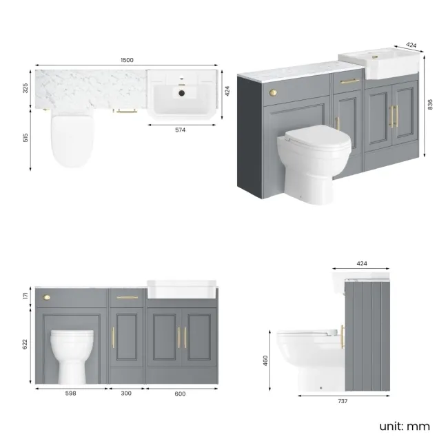 Monaco Dove Grey Combination Vanity Traditional Basin with Marble Top and Seattle Toilet 1500mm - Brass Knurled Handles