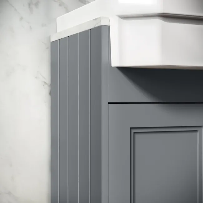 Monaco Dove Grey Combination Vanity Traditional Basin with Marble Top & Hudson Toilet with Wooden Seat 1500mm - Brass Knurled Handles