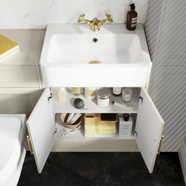 Monaco Chalk White Combination Vanity Basin and Seattle Toilet 1200mm - Brass Knurled Handles