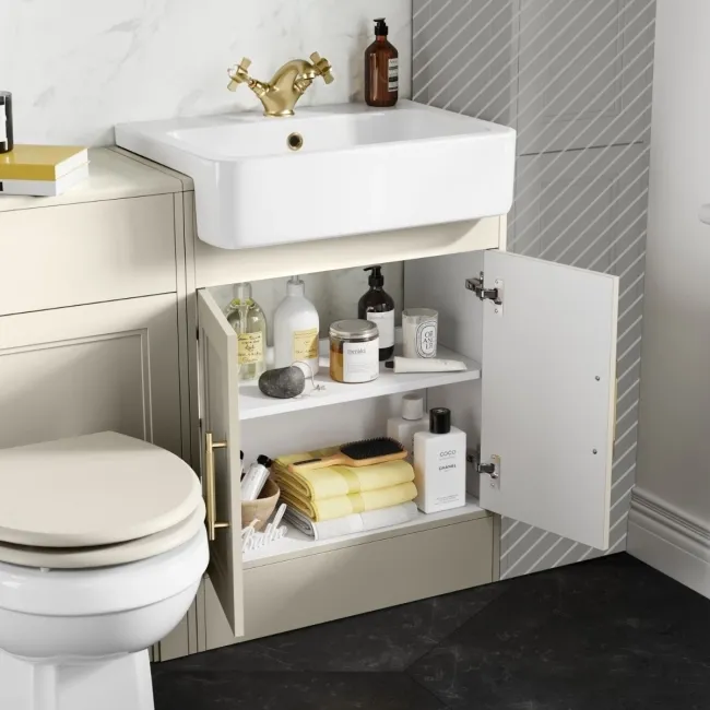 Monaco Chalk White Combination Vanity Basin and Hudson Toilet with Wooden Seat 1200mm - Brass Knurled Handles
