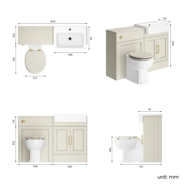 Monaco Chalk White Combination Vanity Basin and Hudson Toilet with Wooden Seat 1200mm - Brass Knurled Handles